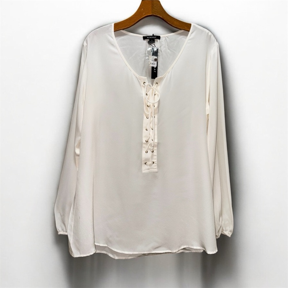 ACROBAT Ivory White Silk Lace Up Blouse L